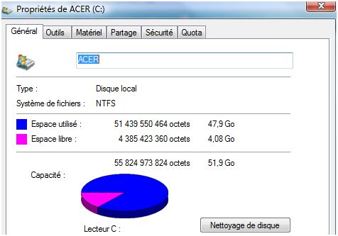 capture d'écran de la capacité d'un disque dur